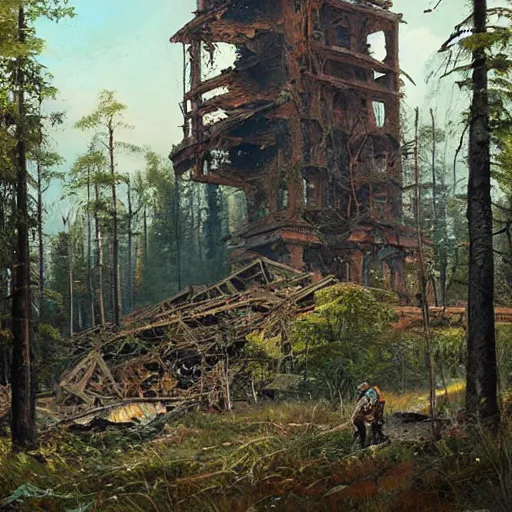 Image similar to a ivan shishkin and simon stalenhag painting of a ruined building and enormous robot