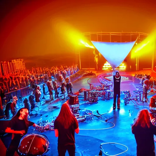 Image similar to heavy metal band playing rock show in an amphitheater on mars, mars space bar, mars colony rock show, neon lights, futuristic, science fiction, space opera