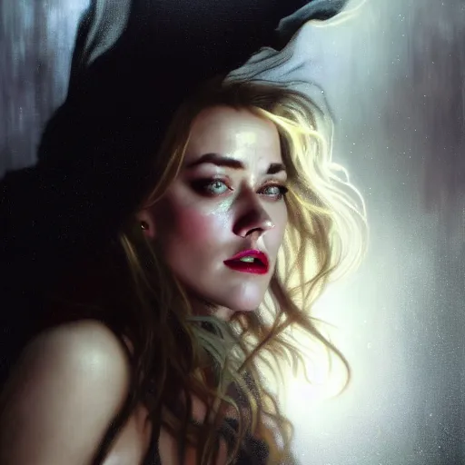 Image similar to hyperrealistic portrait of a woman as amber heard as a vampire witch tears in a black coat closing a window over the shoulder shot falling petals in windy storm hair. by jeremy mann and alphonse mucha, fantasy art, photo realistic, dynamic lighting, artstation, poster, volumetric lighting, very detailed faces, 4 k, award winning