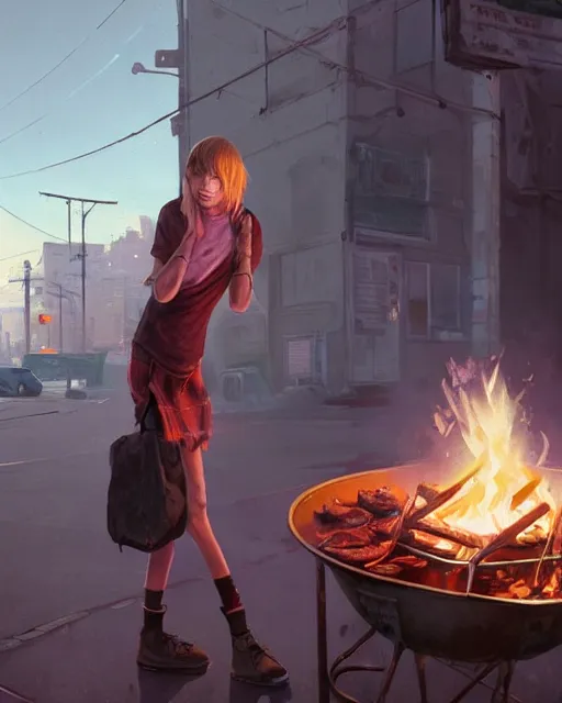 Prompt: portrait of homeless Taylor Swift wearing tattered rags barbecuing shoes on a portable stove, in GTA V, Stephen Bliss, unreal engine, by Greg Rutkowski, Loish, Rhads, Makoto Shinkai and Lois van baarle, ilya kuvshinov, rossdraws, global illumination, radiant light, detailed and intricate environment