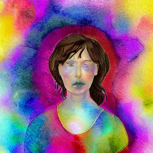 Prompt: girl sitting in a web of thoughts and intergalactic objects and thoughts, despaired yet hopeful, watercolour stye digital art, vibrant colours