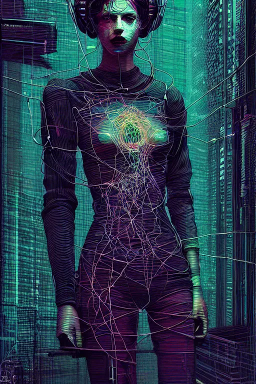 Image similar to dreamy cyberpunk girl, abstract wire clothes, digital nodes, beautiful woman, detailed acrylic, grunge, intricate complexity, by dan mumford and by alberto giacometti, peter lindbergh, zac retz