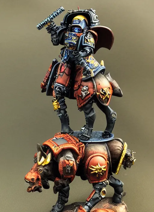 Prompt: 8 0 mm resin detailed miniature of a warhammer 4 0 k space marine riding a moose, product introduction photos, 4 k, full body,