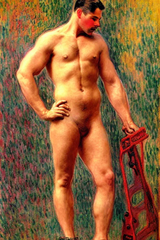 Prompt: attractive male, firefighters of new york city, painting by tom of finland, gaston bussiere, craig mullins, j. c. leyendecker, claude monet