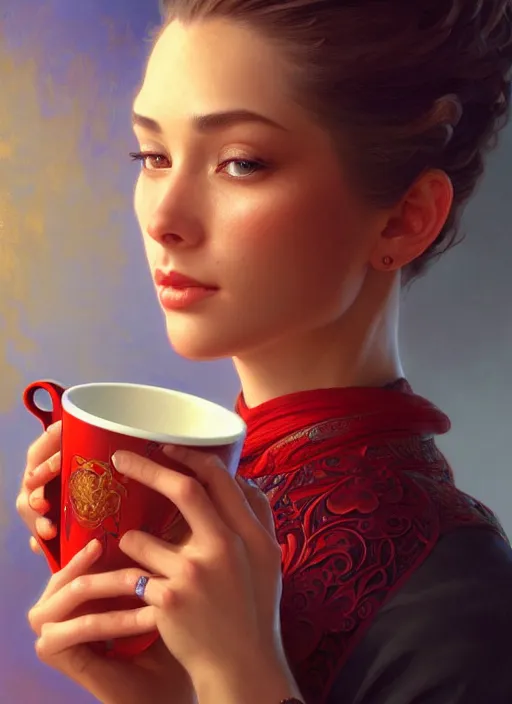 Image similar to perfectly - centered - portrait of a beautiful lady drinking red cup coffee, intricate, highly detailed, digital painting, artstation, concept art, smooth, sharp focus, illustration, unreal engine 5, 8 k, art by artgerm and greg rutkowski and alphonse mucha