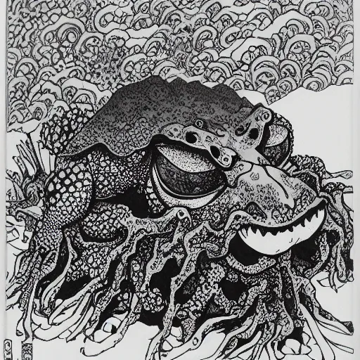 Image similar to deep camouflage angry toad evil eyes poking out eyes from under the water ultra sharp blur background simple background psychedelic contour ink drawing gustave dore katshushika Hokusai deep evil eyes