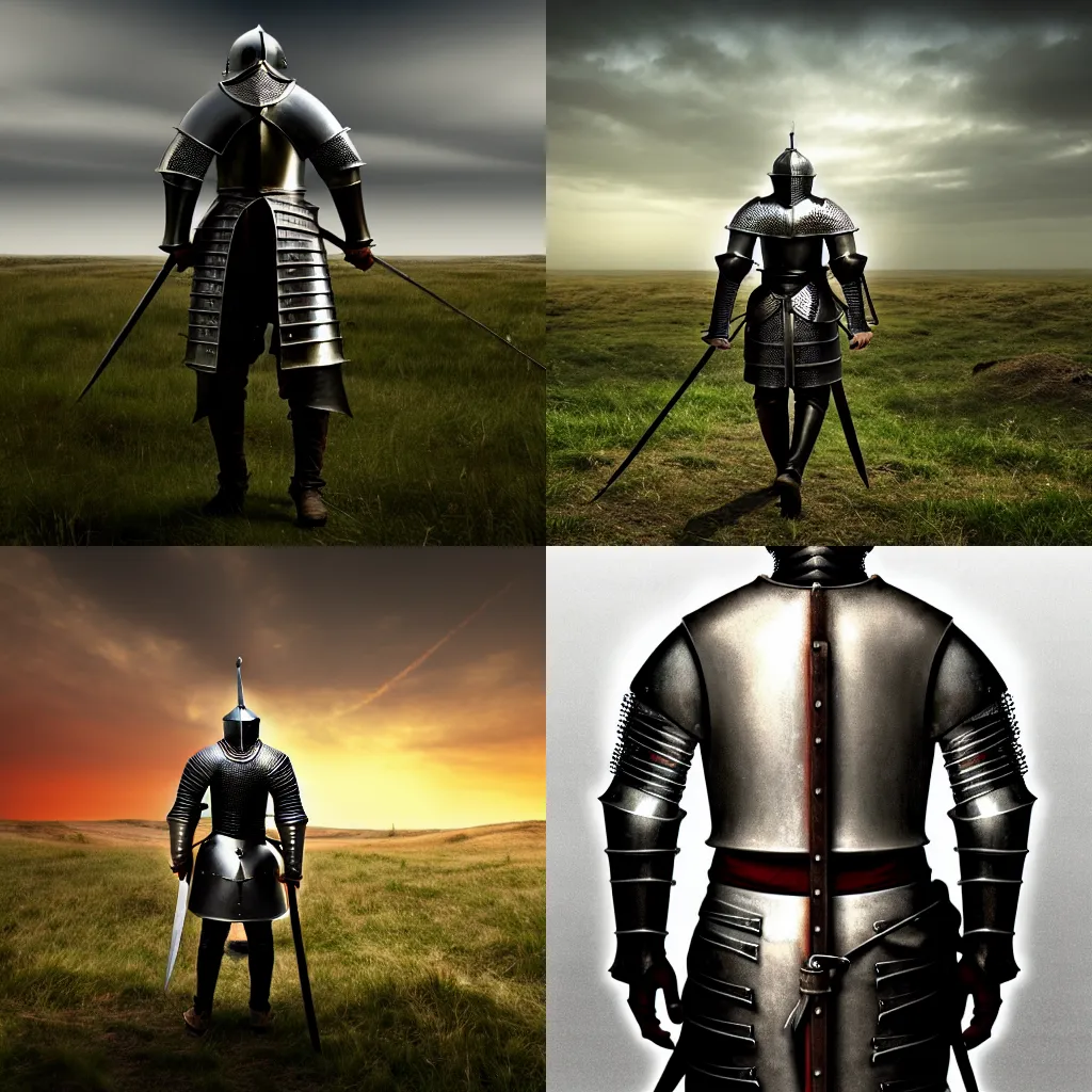 Prompt: art of a medieval knight from the back, in full growth, in the middle of a lonely battleground after battle, 4K, high detailed