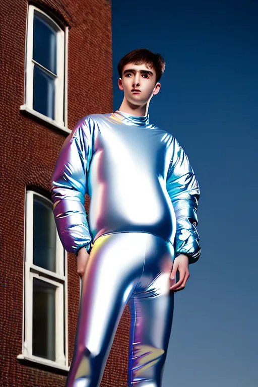 Image similar to un ultra high definition studio quality photographic art portrait of a young man standing on the rooftop of a british apartment building wearing soft baggy inflatable padded silver iridescent pearlescent clothing. three point light. extremely detailed. golden ratio, ray tracing, volumetric light, shallow depth of field. set dressed.