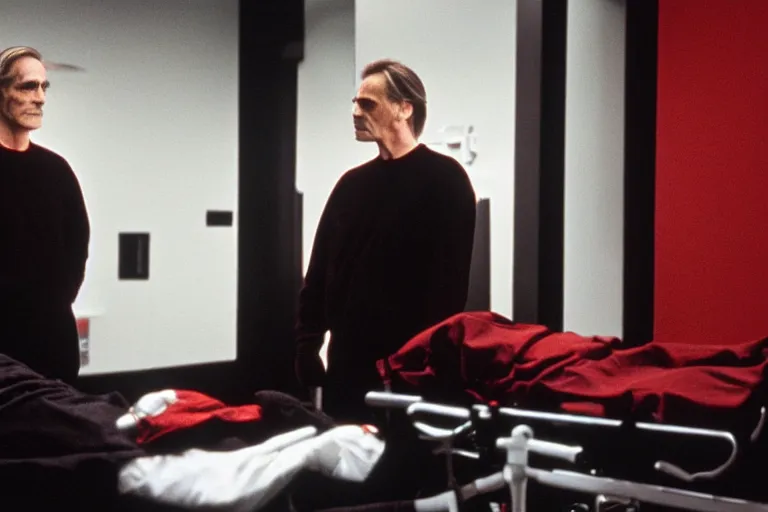 Image similar to a scene from the movie dead ringers with jeremy irons, dark cinematic lighting, heavy black and red color contrast, medical equipment, movie directed by wes craven