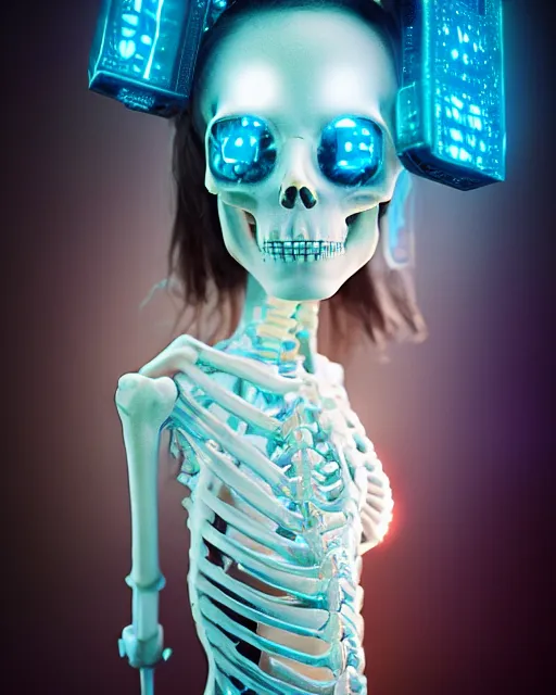 Image similar to natural light, soft focus portrait of a cyberpunk skeletal corpsebride, octane render, tilt shift, polaeized light, blue bioluminescent plastics, smooth shiny metal, elaborate ornate head piece, piercings, skin textures, by annie leibovitz, paul lehr