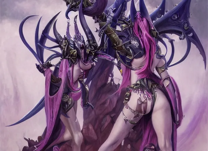 Image similar to Skilled Slaanesh demonette with pink tail and small horns on her head and beautiful long black hair wearing the outfit of slaanesh legions looking at the viewer corrupting an ultramarine space marine, elegant, delicate, powerful, smooth, highly detailed, Artstation, Cgsociety, art by Mark Simonetti and Gil Elvgren and artgerm, mucha, Warhammer illustration, digital art