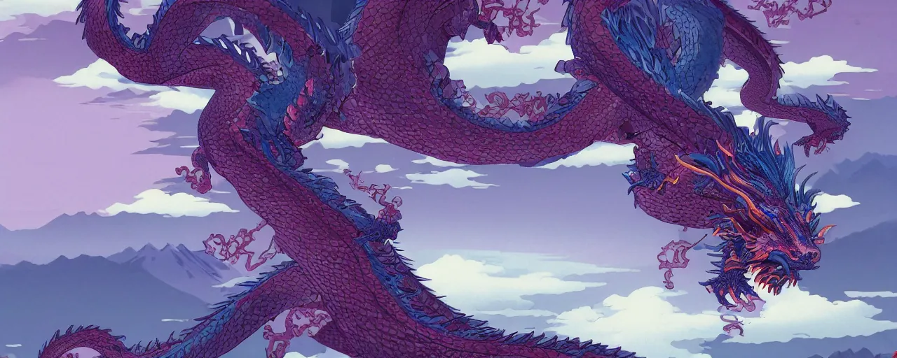 Prompt: very detailed, singular and gorgeous, powerfull dragon asian style, matte painting, vibrant color scheme, v - ray, houdini, blue, purple omnious sky, by hokusai, google, artstation. - h 6 4 0