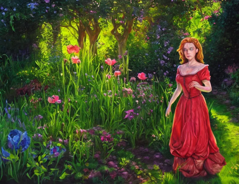 Prompt: ugly unattractive princess in the garden. oil painting by award - winning comic artist. backlighting, chiaroscuro, depth of field, luminescent colors.