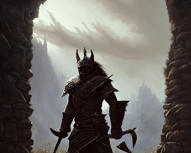 Image similar to highly detailed portrait of tommy karevik as a warrior, in skyrim, stephen bliss, unreal engine, fantasy art by greg rutkowski, loish, rhads, ferdinand knab, makoto shinkai and lois van baarle, ilya kuvshinov, rossdraws, tom bagshaw, global illumination, radiant light, detailed and intricate environment