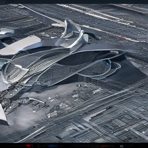 Image similar to sci-fi motherboard structure airport view from above on the coronation of napoleon painting and digital billboard in the middle, unreal engine 5, keyshot, octane, artstation trending, ultra high detail, ultra realistic, cinematic, 8k, 16k, in style of zaha hadid, in style of nanospace Michael Menzelincev, in style of Lee SOUDER, colors in style of the Blade Runner 2049, in plastic, dark, tilt shift,