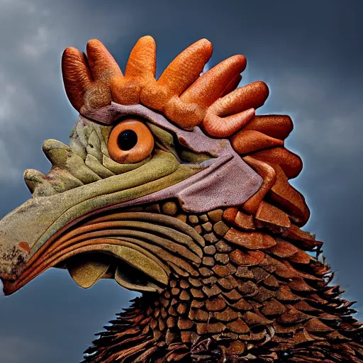 Image similar to a Rooster with the armor of a pangolin, national geographic photograph
