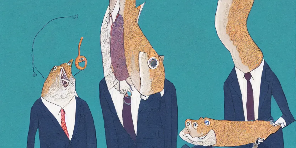 Prompt: anthropomorphic catfish wearing a suit, thumbs upping, by lisa hanawalt, by wanda gag