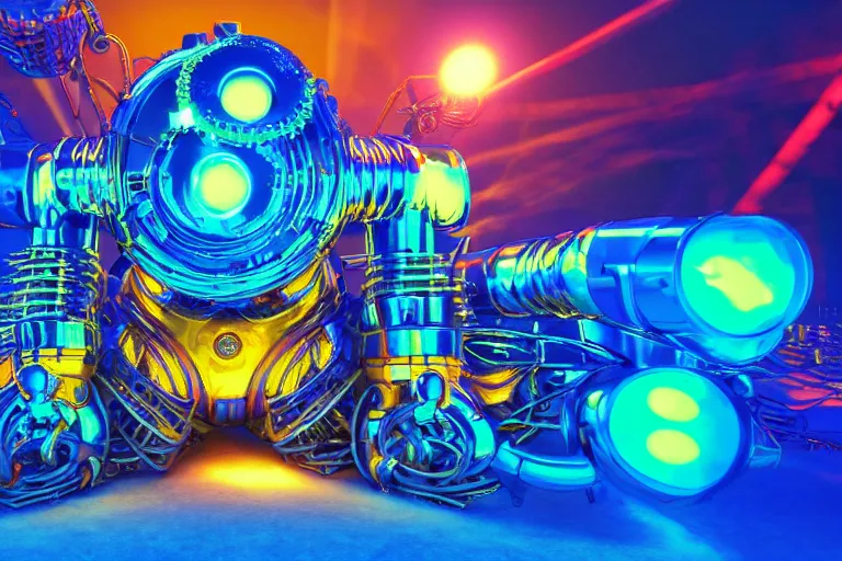 Prompt: foam party, portrait photo of a giant huge golden and blue metal steampunk robot, with gears and tubes, eyes are glowing red lightbulbs, shiny crisp finish, 3 d render, 8 k, insaneley detailed, fluorescent colors, background is multicolored lasershow