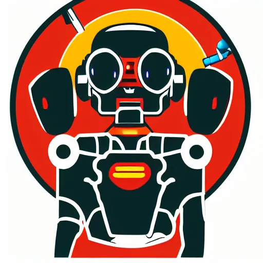 Image similar to svg vector sticker of, Robot-Mecha, rocking out, wearing headphones, huge speakers, dancing, rave, DJ, spinning records, digital art, amazing composition, rule-of-thirds, award-winning, trending on artstation, featured on deviantart