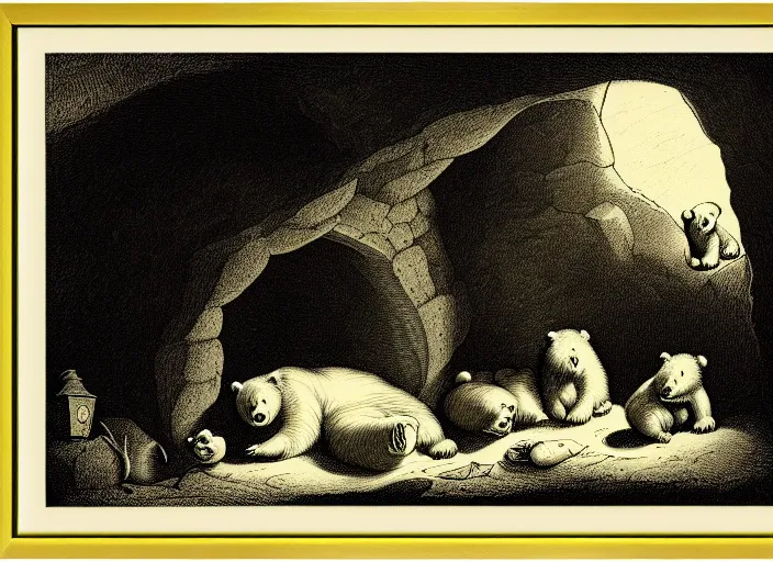 Prompt: Pieter Claesz's 'a bear and her cubs sleeping in a dark cave, lit by hole in roof', night time, cross hatching, framed, monochrome, yellow