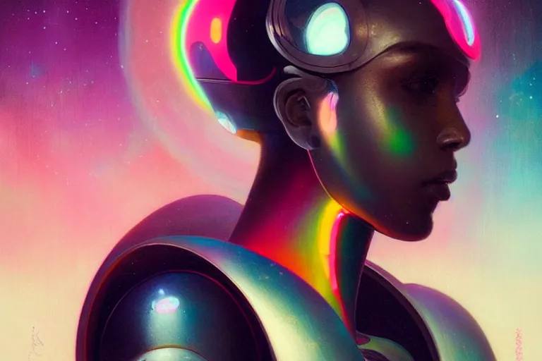 Prompt: patron saint of ☁ 🌈👩🏾, futuristic clothing, woman and robot, dreamlike, neon god of city character portrait, in the style of moebius, tom bagshaw, and waterhouse, cinematic lighting, beautiful, elegant, oil painting,