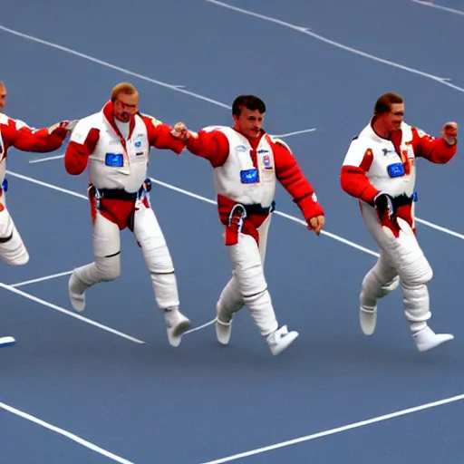 Prompt: 5 space astronauts in spacesuits running in a relay race in a stadium, each astronaut in different colors, olympic relay race. athens games