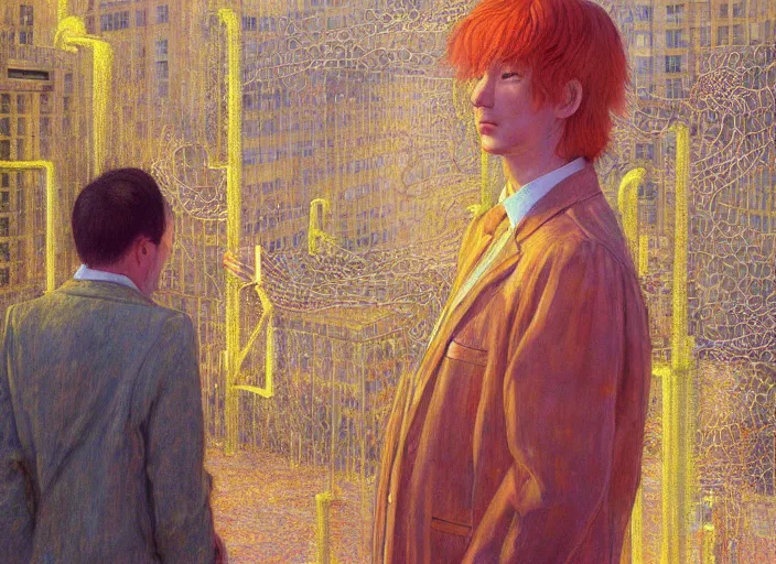 Image similar to portrait of man outside office building, bright ground, cynical realism, painterly, yoshitaka amano, miles johnston, moebius, beautiful lighting, miles johnston, klimt, tendrils, in the style of, louise zhang, victor charreton, james jean, two figures