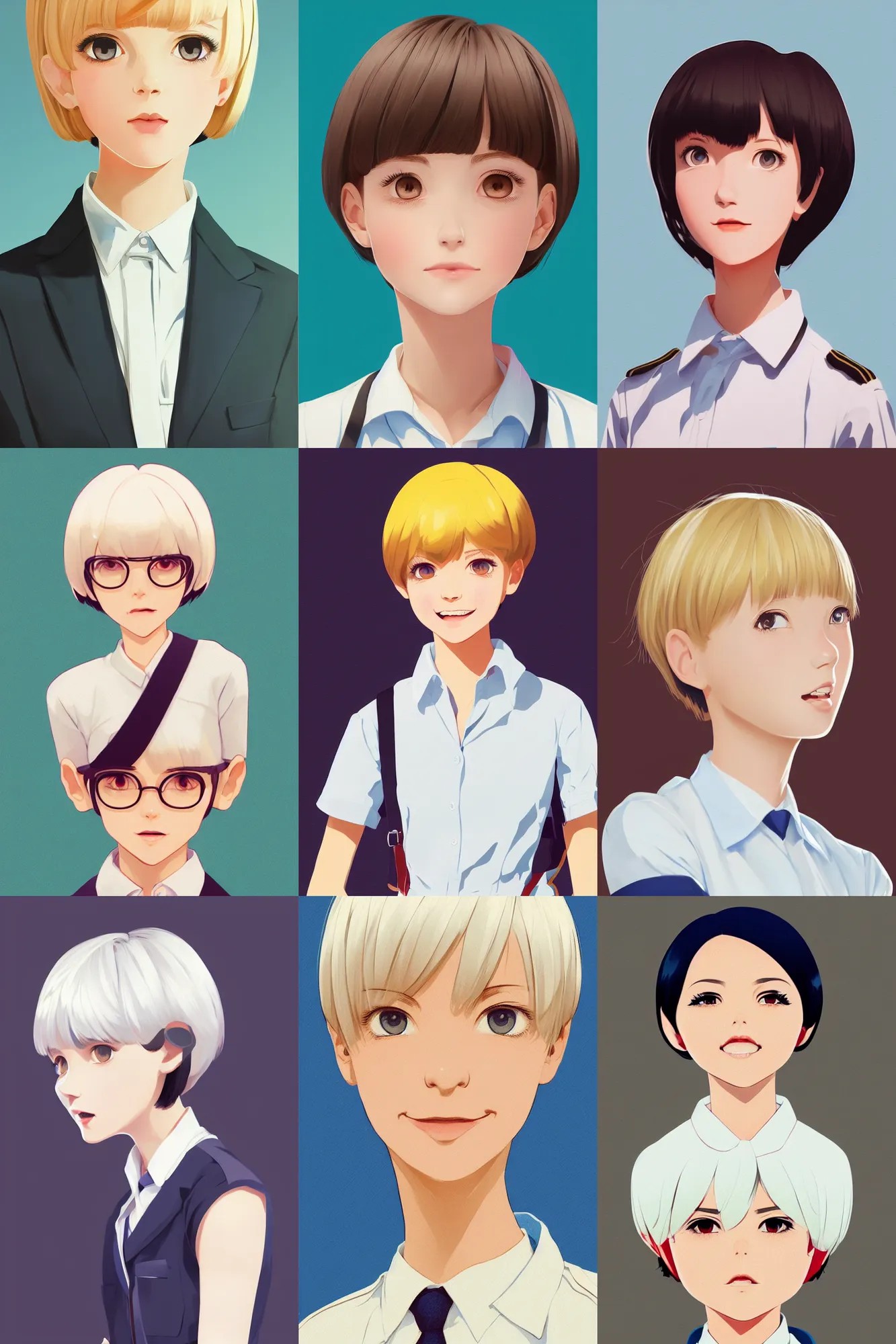 Prompt: a headshot of a happy cute girl with shoulder - length white short hair wearing school uniform, sharp focus, pure color background, illustration, morandi color scheme, art station, by ilya kuvshinov