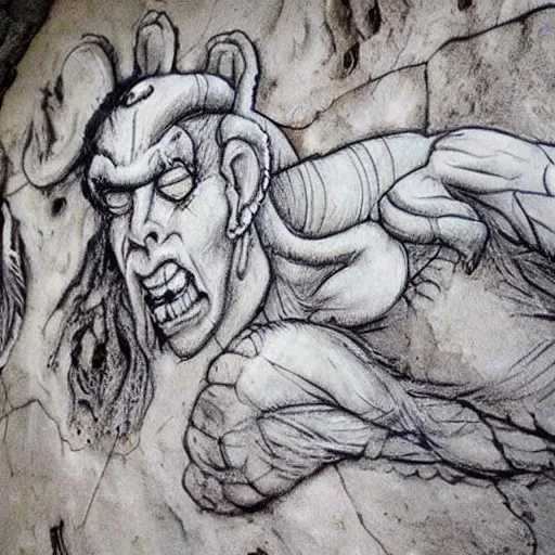 Image similar to ancient monsters drawn on cave wall amazing creeoy detailed