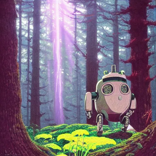 Image similar to a robot covered in moss and mushrooms lying in a forest, shafts of light god rays, painting by hayao miyazaki studio ghibli