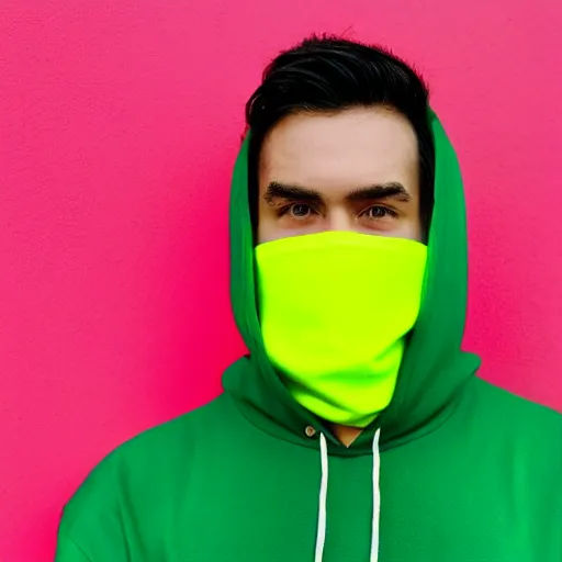 Image similar to a man standing in a yellow field wearing a neon green hoodie
