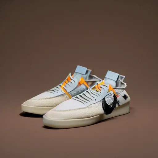 Prompt: a studio photoshoot of a heritage Nike Off-white waffle running shoe designed by Virgil Abloh, soft suede with knitted mesh material, rubber Waffle outsole, realistic, color film photography by Tlyer Mitchell, 35 mm, graflex