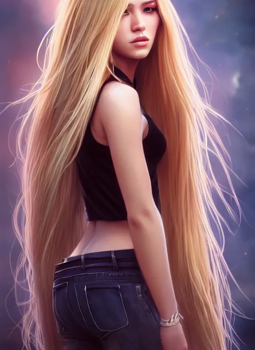 Image similar to photo of a gorgeous female with long blonde hair in the style of stefan kostic, realistic, full body shot, wide angle, sharp focus, 8 k high definition, insanely detailed, intricate, elegant, art by stanley lau and artgerm, floating embers