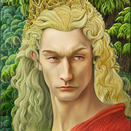 Prompt: Portrait of an elven king in a lush forest. Oil painting in the style of Botticelli. Fantasy art. 4k.