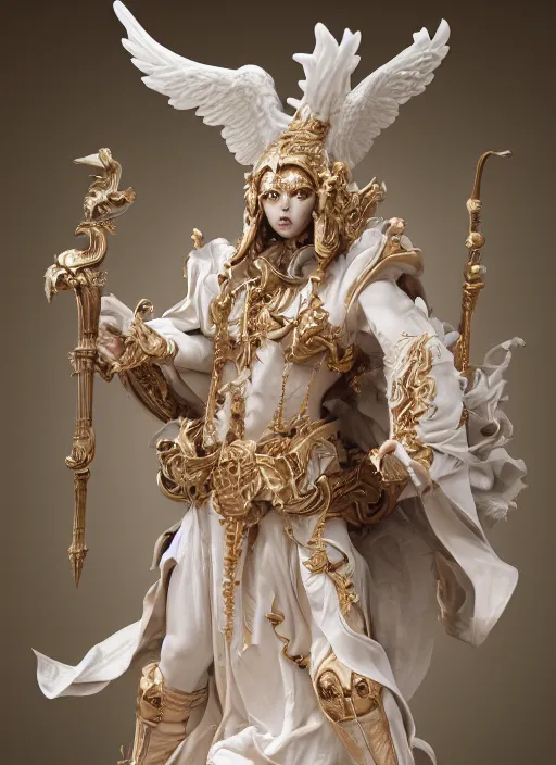 Image similar to high intricate porcelain baroque angelic priest fighting the hell demon, maria panfilova, andrea savchenko, mike kime, ludovic plouffe, qi sheng luo, oliver cook, trending on artstation