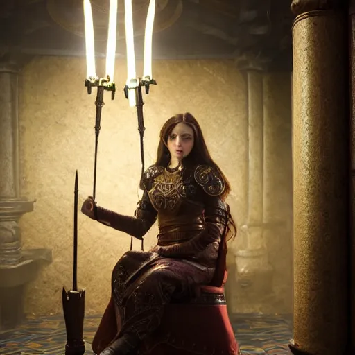 Image similar to the elder scrolls vi, charismatic regal brunette female jarl, portrait, throne room, atmospheric lighting, painted, intricate, volumetric lighting, beautiful, daytime, sunny weather, slight overcast, sharp focus, deep colours, ultra detailed, by leesha hannigan, ross tran, thierry doizon, kai carpenter, ignacio fernandez rios