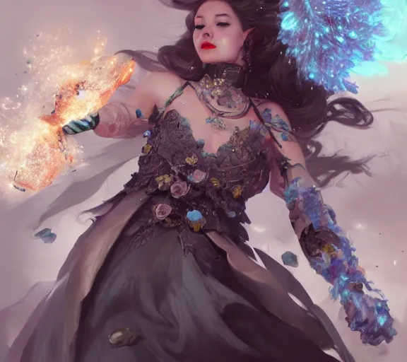 Prompt: beautiful girl necromancer covered with crystals exploding ice, 3 d render, hyper realistic detailed portrait, holding magic flowers, ruan jia, wlop. scifi, fantasy, hyper detailed, octane render, concept art, peter mohrbacher