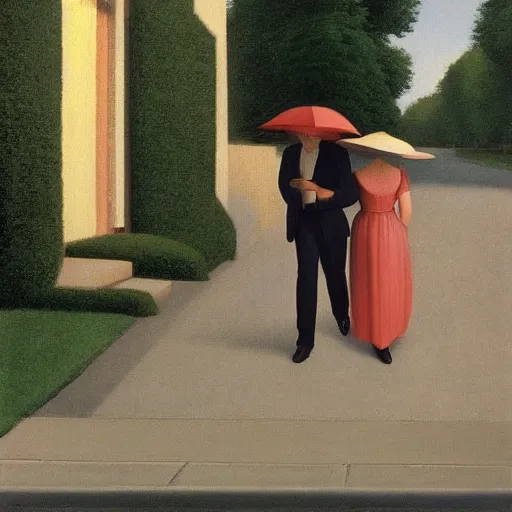 Image similar to an evening stroll with a man and his lady by Raphael, Hopper, and Rene Magritte. detailed, romantic, enchanting, trending on artstation.