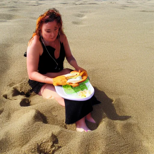 Prompt: a Sand Witch is eating a sandwich on sand which is sandy.