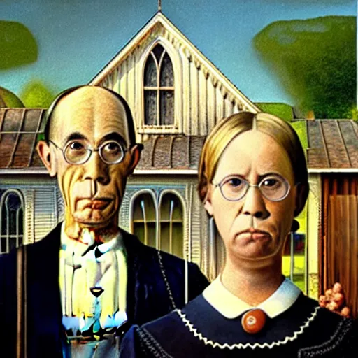 Prompt: american gothic but the man has a tabby cat face,