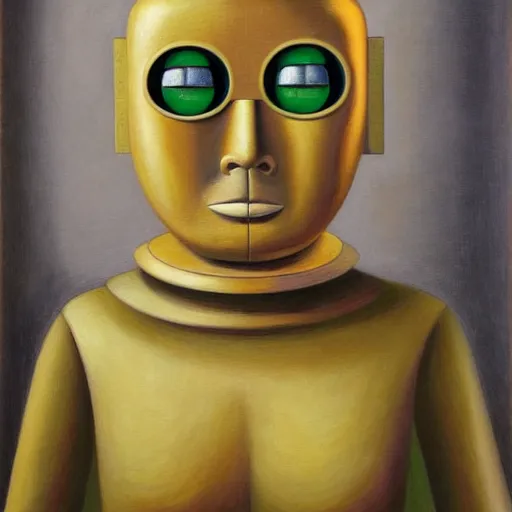 Image similar to super - intelligent robot with kind eyes portrait, grant wood, pj crook, edward hopper, oil on canvas