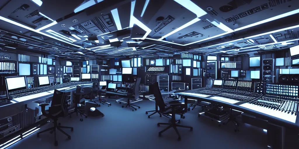 Prompt: futuristic music studio full of mixers, stands and speakers, synthesizer racks, futuristic chairs, led stripes, illuminated knobs, illuminated faders, intricate insanely detailed octane render, 8K artistic photography, ultra photorealistic