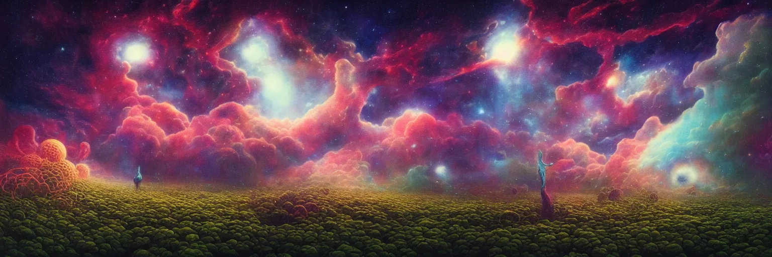 Prompt: sky of space nebula over the psychedelic mushroom garden at the end of the universe, trippy, mind - bending, masterpiece by zdzisław beksinski or conrad roset, tom whalen, mark ryden, chip zdarsky, dramatic lighting, strong shadows, volumetric, cinematic atmosphere, octane render, artstation, 8 k, hdr, hd
