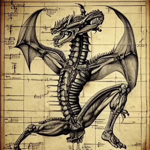 Image similar to anatomical drawing of dragon, davinci style, medical drawing, blueprint, schematic, old