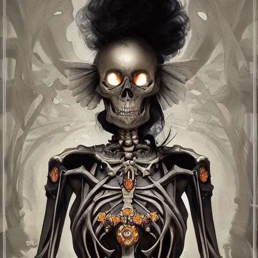 Image similar to a skeleton with big googly eyes, wearing designer clothes, dancing at a techno rave, historical, intricate, highly detailed, dynamic lighting, digital art, digital painting, artstation, wlop, sharp focus, illustration, art by artgerm and greg rutkowski and alphonse mucha