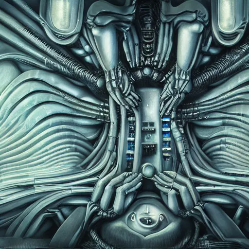 Image similar to huge audio production station and woman interconnected hybrid in the style of h.r. giger, keyboards, synthesizers, airbrush, canvas, biomechanical, surreal, nightmarish, cold, 8k, highly detailed, ultra-realistic, octane render,