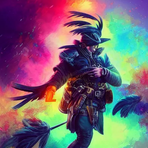 Image similar to a man shooting a pistol, but instead of a bullet the gun shoots a raven. colorful, bright, fantasy, artgerm, dnd, fantasy, rpg