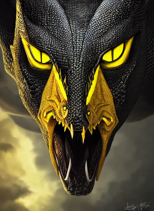 Image similar to closeup portrait of black dragon head with yellow eyes, ultra realistic, fantasy, magic, dnd,