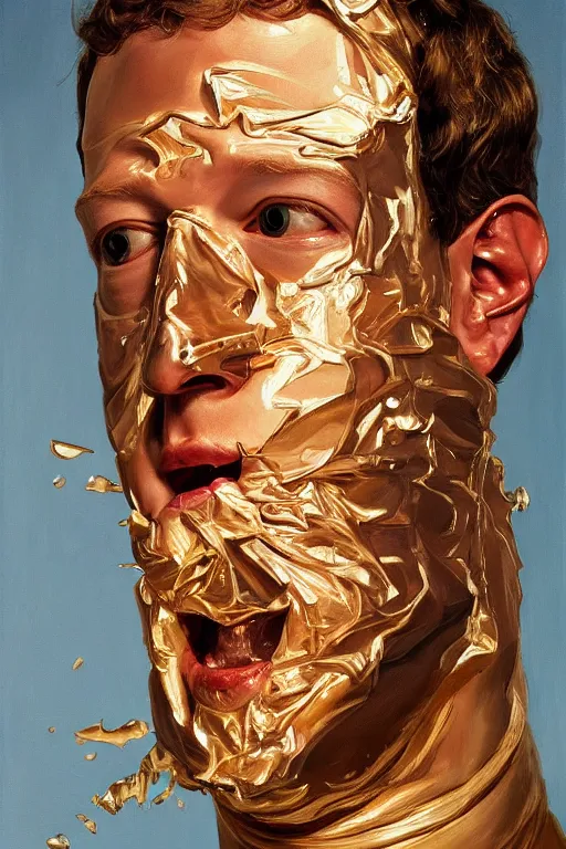 Prompt: Mark Zuckerberg peeling away his face like a mask to reveal that he’s an Android, oil on canvas, golden hour, artstation, by J. C. Leyendecker and Peter Paul Rubens,