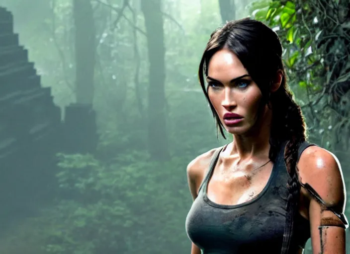 Prompt: film still of!!!! megan fox!!! as lara croft in new tomb raider movie, closeup portrait, aztec temple in the jungle, octane, mist, volumetric lighting, 8 k